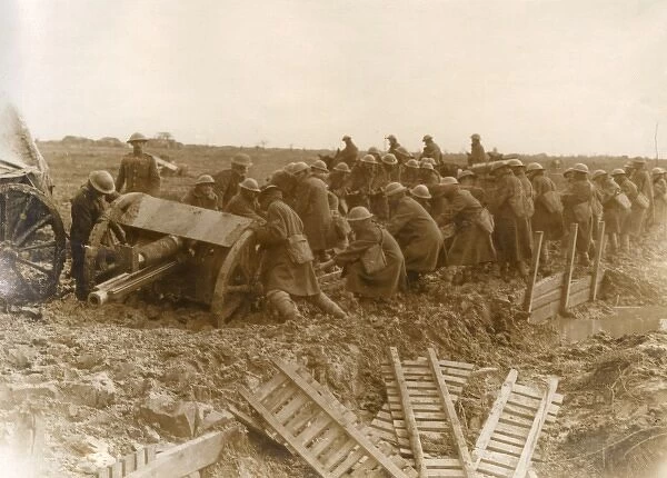 Moving a field gun stuck in mud, Western Front, WW1