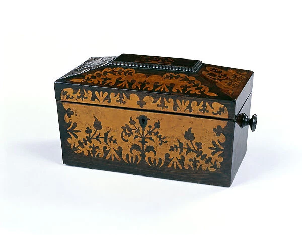 Tea caddy. Casket-shaped tea caddy made from wood with inlaid decoration of flowers