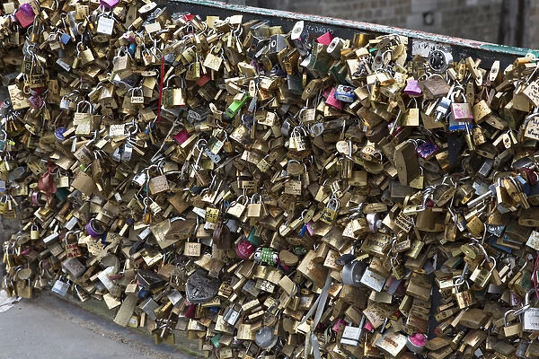Europe, France, Paris. Love locks on Pont de l Archeveche over the Seine