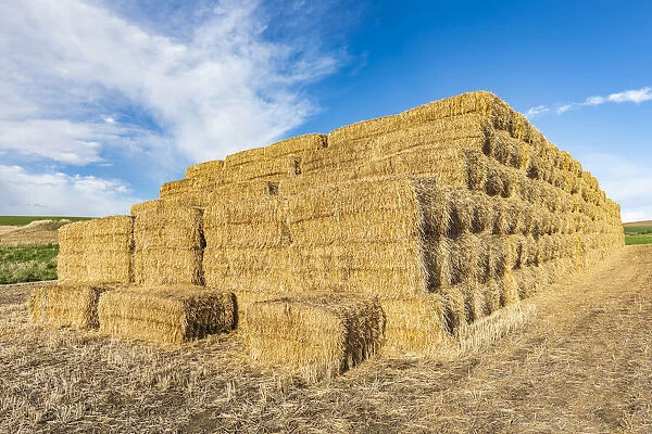 Pullman, Washington State, USA. Stack of hay bales in the Palouse hills