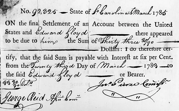 Certificate signed by the paymaster, March 1785, for back pay and interest, since 23 March 1783, owed a soldier in the Continental Army