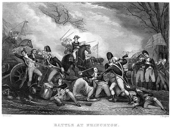 General George Washington at the Battle of Princeton, New Jersey, 3 January 1777. Steel engraving after John Trumbull