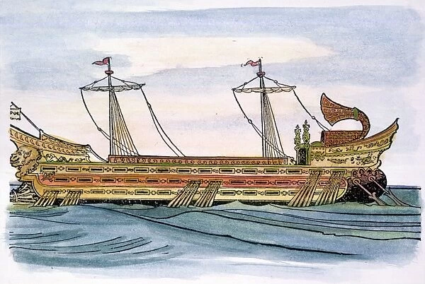 ROMAN TRIREME. Pen-and-ink drawing, American, 19th century