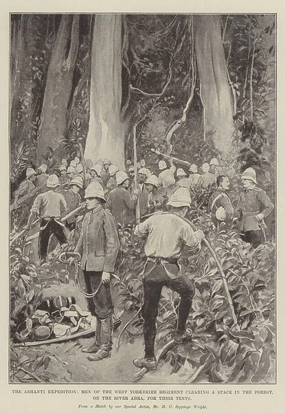 The Ashanti Expedition, Men of the West Yorkshire Regiment clearing a Space in the Forest, on the River Adra, for their Tents (litho)