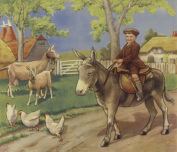 Boy riding a donkey in the English countryside (colour litho)