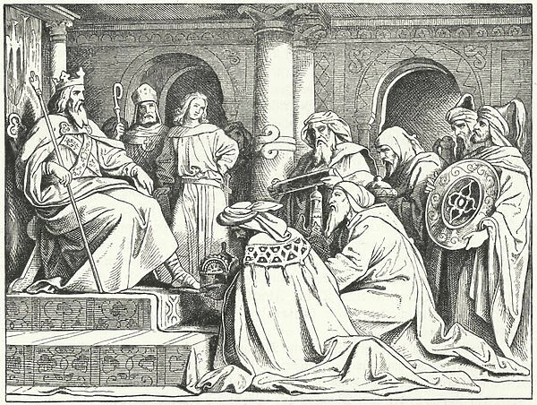 The envoys of Caliph Harun al-Rashid bringing gifts to the Emperor Charlemagne, 802 (engraving)