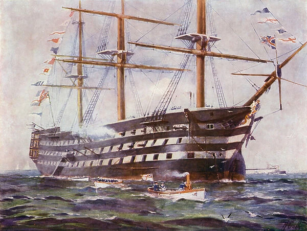 HMS Victory, flagship of British Admiral Lord Nelson at the Battle of Trafalgar in 1805 (colour litho)
