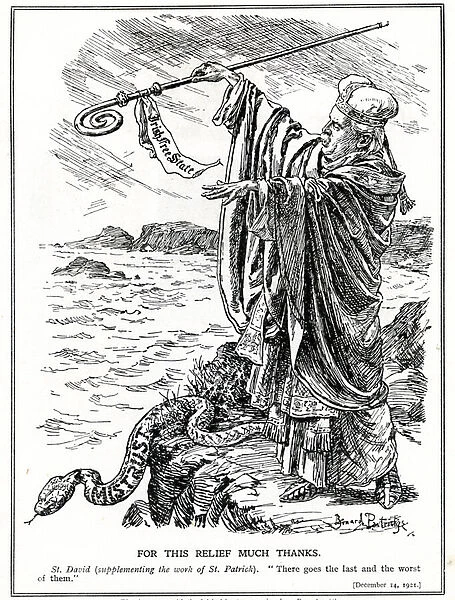 Lloyd George as St. David of Wales, expels the snake of mistrust and establishes the Irish Free State, December, 1921 (litho)