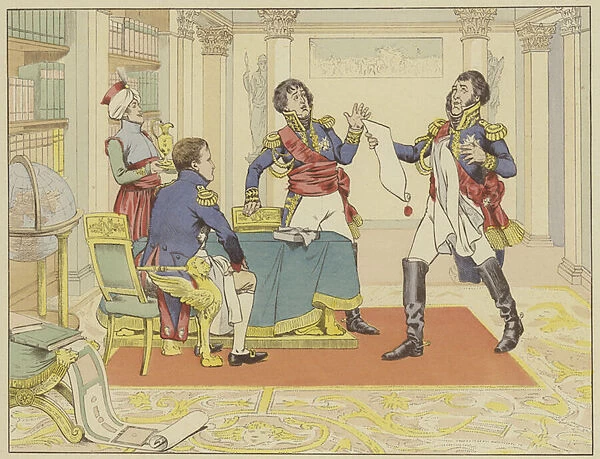Napoleon rewarding Marshal Lefevre by making his Duke of Danzig after his capture of the city from the Prussians, 24 May 1807 (colour litho)