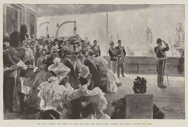 The Naval Review, the Prince of Wales on Board the Royal Yacht 'Victoria and Albert'saluting the Fleet (litho)