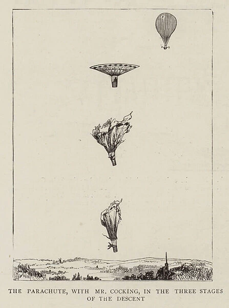 The Parachute, with Mr Cocking, in the Three Stages of the Descent (engraving)