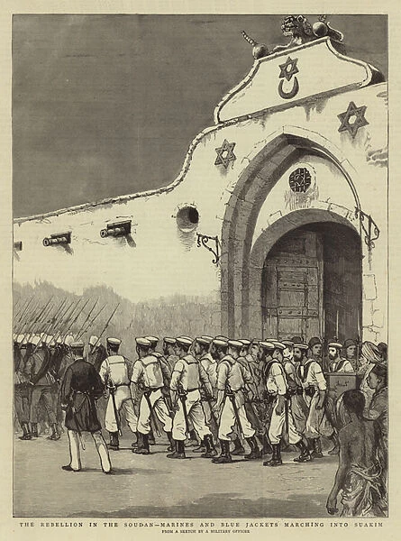 The Rebellion in the Soudan, Marines and Blue Jackets marching into Suakim (engraving)