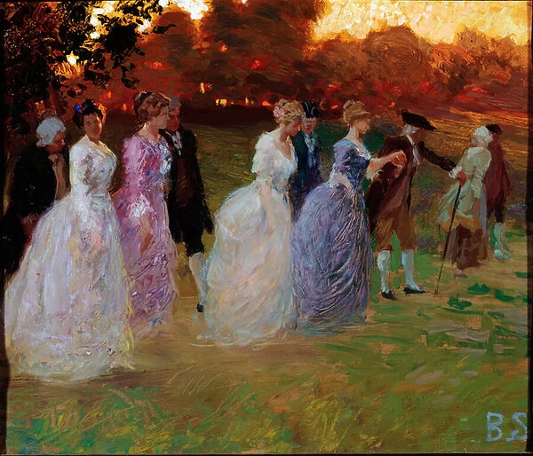 The return of the palace Elegant young people returning from a worldly event (party or reception) (Return from the palace) Painting by Stefano Baghino (1881-1920) genes, Galleria d Arte Moderna