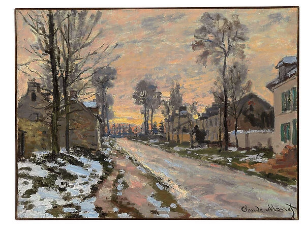 Route a Louveciennes, neige fondante, soleil couchant, c. 1869-70 (oil on canvas)