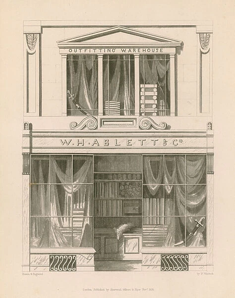 Shop front for W H Ablett, Outfitting Warehouse, Cornhill, London (engraving)
