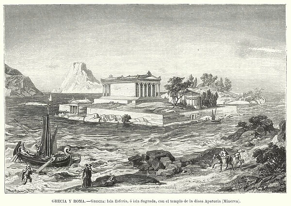 Temple of Athena Apaturia on the island of Sphaeria, Ancient Greece (litho)