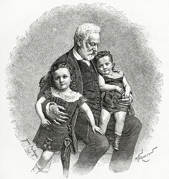 Victor Hugo et ses Petits Enfants, 19th Century (b  /  w engraving)