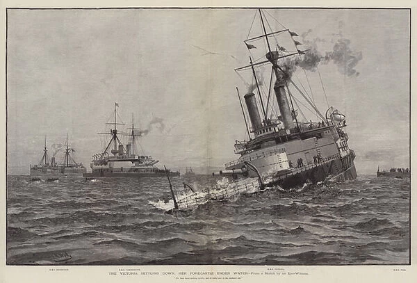 The Victoria settling down, her Forecastle under Water (engraving)