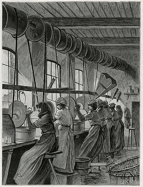 A womens workshop at the glassware of Val Saint Lambert. Engraving by C
