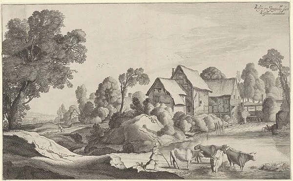 Shepherd with cows at a watermill, Jan van de Velde (II), Claes Jansz. Visscher (II)