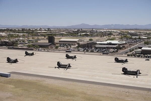 CH-47 Chinook helicopters on the flight line at Davis-Monthan Air Base