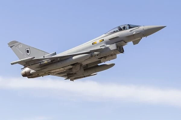 A Typhoon of the Royal Air Force climbs away from Nellis Air Force Base, Nevada