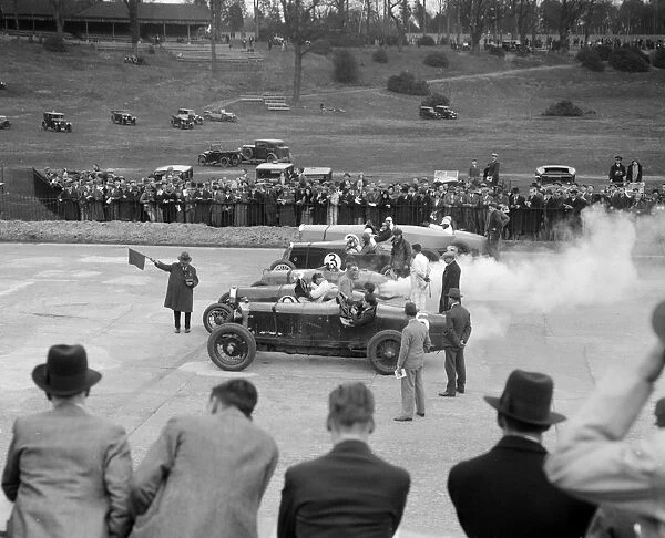 Cars on the start line at a BARC race meeting, Brooklands, 1930. Artist: Bill Brunell