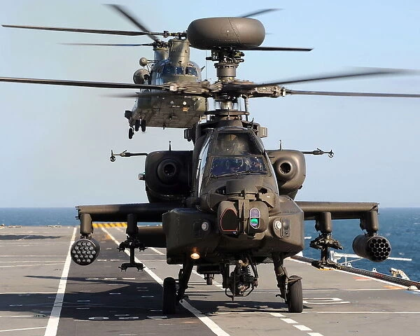 Army Air Corps Apache And RAF Chinook Helicopters Practice Deck Landingd Onboard