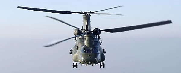 An Army Chinook helicopter, based at RAF Odiham, shown in flight during Exercise Herrick Eagle