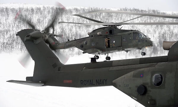 Two Commando Helicopter Force Merlin Mk3 helicopters on exercise in northern Norway