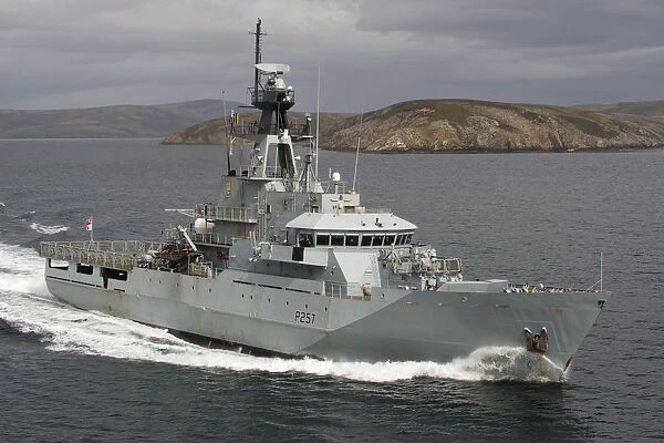 HMS Clyde. River Class Patrol Vessel HMS Clyde is pictured exercising at sea.