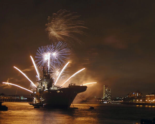 HMS Illustrious with Fireworks on River Thames