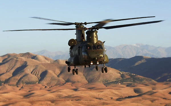 RAF Chinook Helicopter Over a Desert