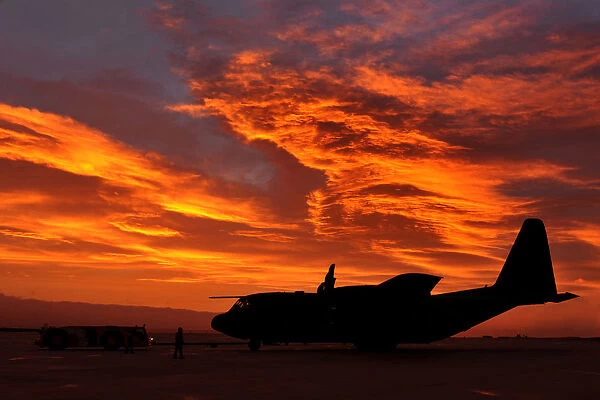 RAF Hercules C-130J at Sunrise in the Falkland Islands