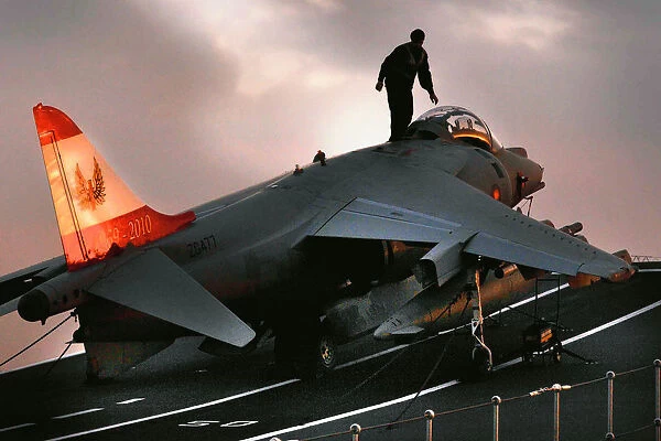 A Royal Air Force Harrier Jump Jet Waits to Depart from HMS Ark Royal