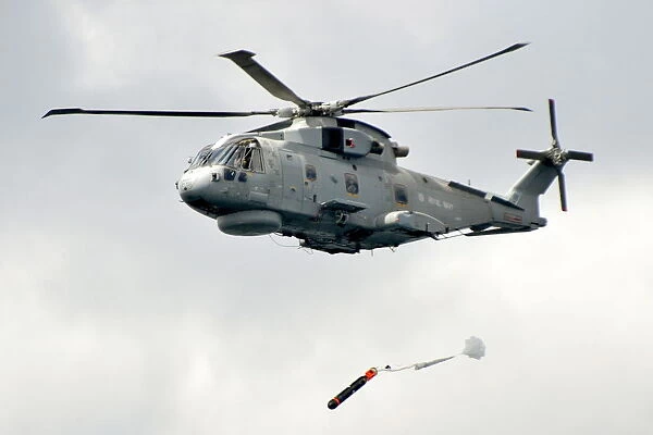 Royal Navy Merlin Helicopter Launching a Training Torpedo