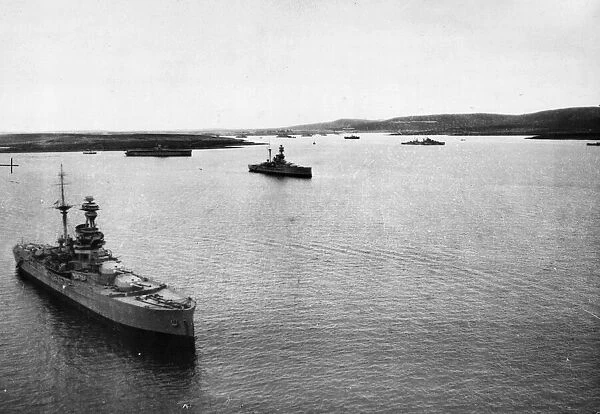 Aerial picture taken at Scapa in July 1940 of secret Fleet Tenders - merchant ships