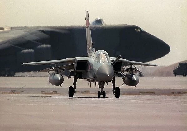 A Panavia Tornado F3 of 5 Sqd RAF Sept 1990 taxies in to the airfield in Dhahran