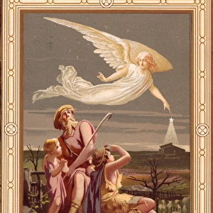 Christmas card, angel and shepherds, Glad Tidings