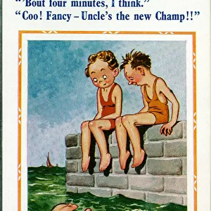 Comic postcard, Children sitting on wall at the seaside - underwater record Date