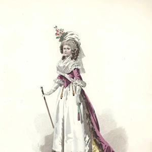 Woman in floral bonnet, a pink fur-trimmed