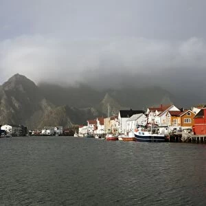 Henningsvaer and mountains after rain, Lofoten Islands, Norway, Scandinavia, Europe