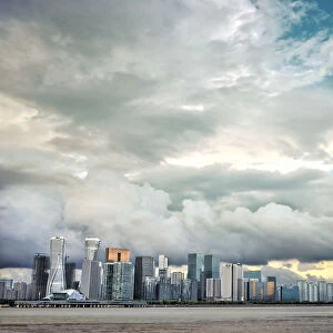 Typhoon clouds over new skyline of Hangzhou city, Hangzhou, Zhejiang, China, Asia
