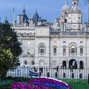 View of The Royal Horseguards, and colorful flowerbed, London, England, United Kingdom