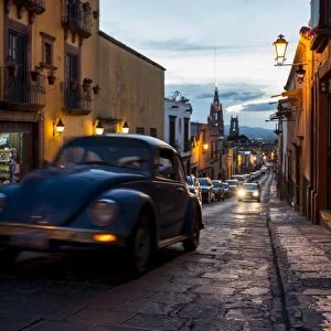 Volkswagen on cobbled street, San Miguel de Allende, Guanajuato, Mexico, North America