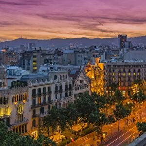 Top view at sunset over Passeig de Gracia with Casa Battlo and Casa Amatller, Barcelona