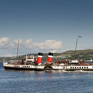Steam powered paddle boat with tourists, Waverley, Dunoon, Firth of Clyde, Argyll and Bute, Scotland, august