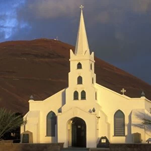 Ascension Island, Georgetown, St. Marys Church, built in 1847, sunset with Cross Hill behind