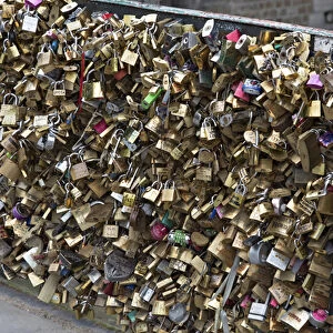 Europe, France, Paris. Love locks on Pont de l Archeveche over the Seine