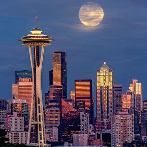 Seattle skyline and super moon at dusk, Seattle, Washington State